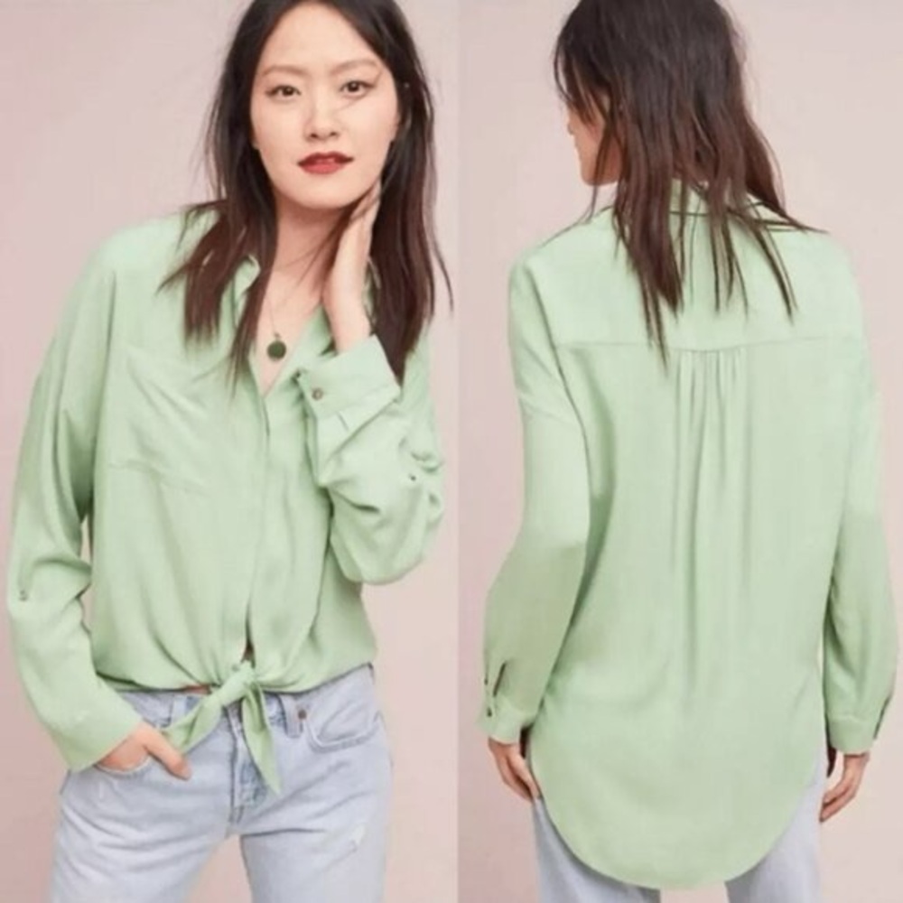 Maeve Anthropologie Sandbridge Pistachio Green Tie Front Button Down Shirt